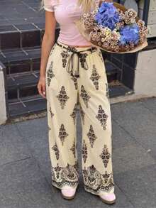 Women's Casual Jumpsuit, Floral Wide Leg Pants With Pockets, High Waist Non-Stretch Loose Long Pants, Suitable For Vacation, Beach And Work (YY1367) - Apricot - View 9