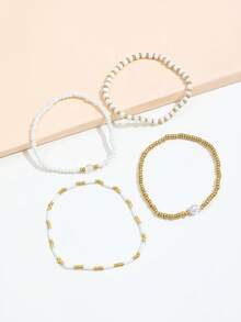 Bộ 4 vòng tay hạt gạo trắng phong cách Bohemian đơn giản thủ công cho nữ, dễ phối đồ - Vàng - Xem 4