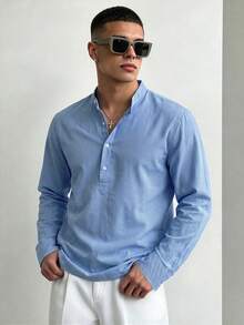 WAIT HIM Men's Henley Collar Plaid Long Sleeve Shirt - Blue and White - View 1