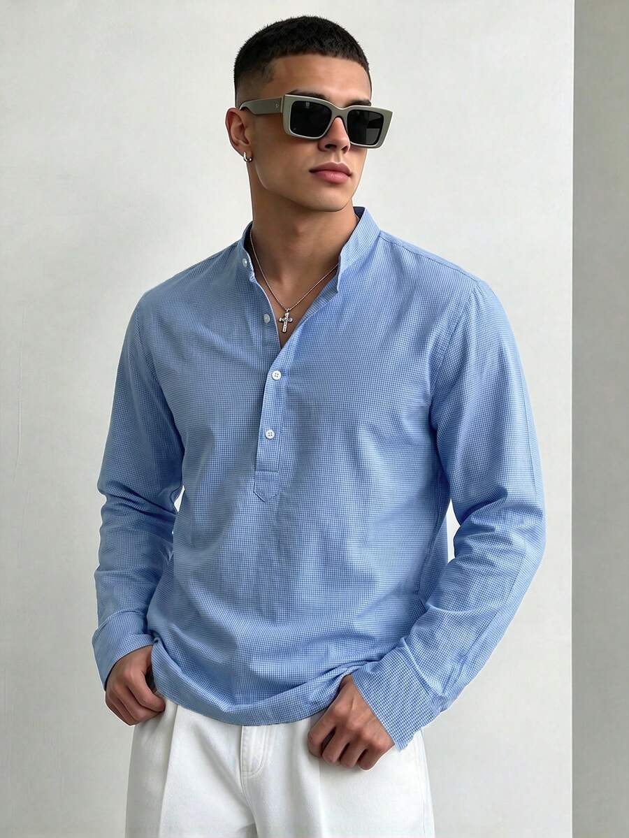 WAIT HIM Men's Henley Collar Plaid Long Sleeve Shirt - Blue and White - View 1
