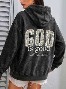 Plus SizeUnisex Vintage Washed Sweatshirt, Floral Slogan Back Print Loose Long Sleeve Casual Pullover, Autumn/Winter Black Fall - Black - View 8