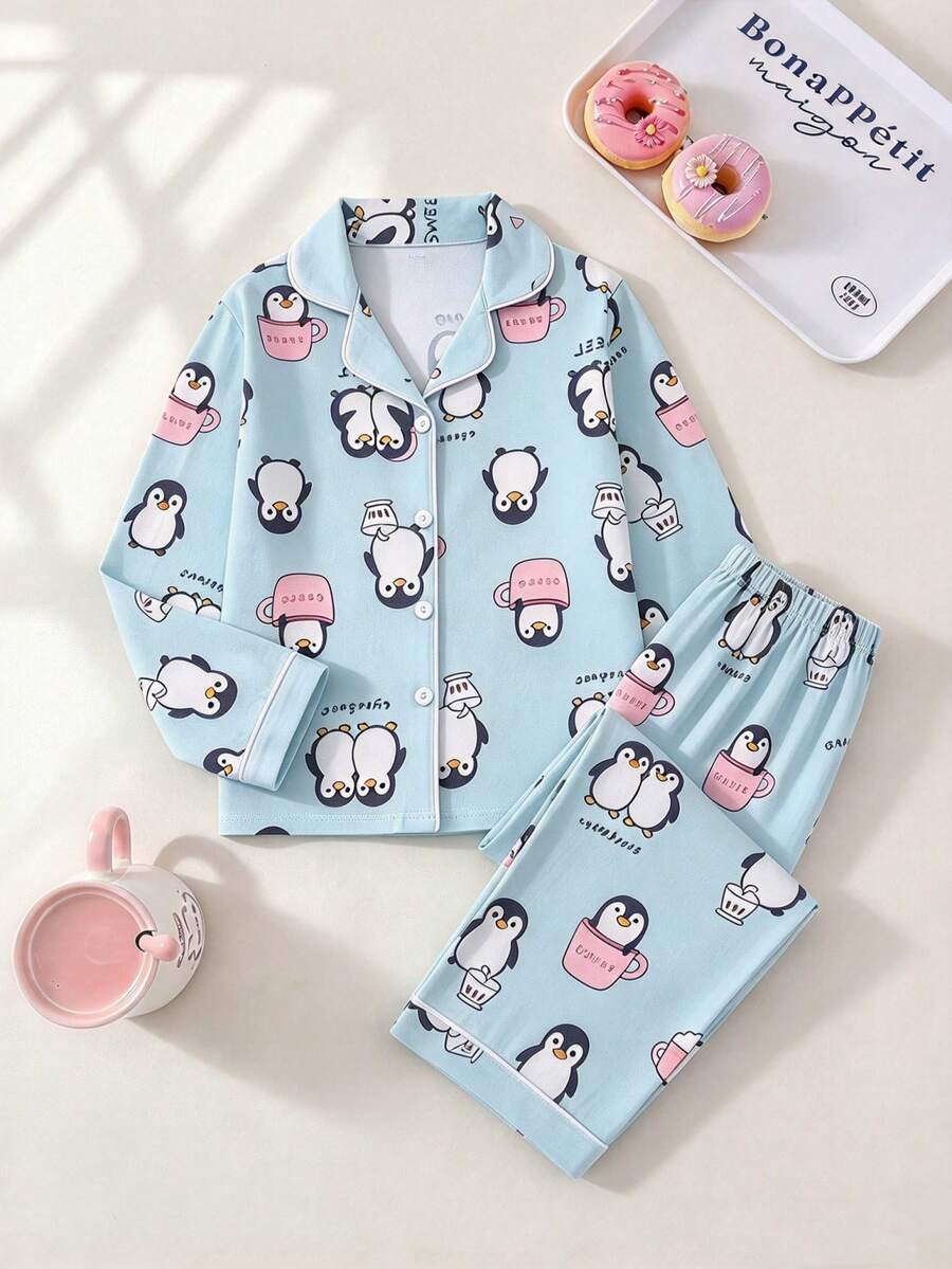 Girls Cute Bear All-Over Print Turn Collar Button Long Sleeve Top + Pants 2-Piece Pajama Set, Soft And Comfortable Loungewear, Suitable For 8-12 Years Old - Blue - View 1