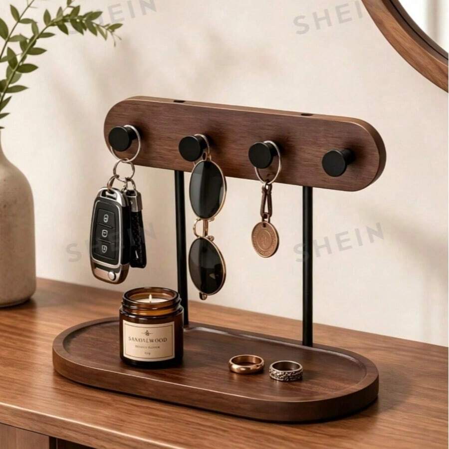 1pc Wooden Key Storage Tray With 4 Hooks, Entryway Desktop Key, Car Key ...
