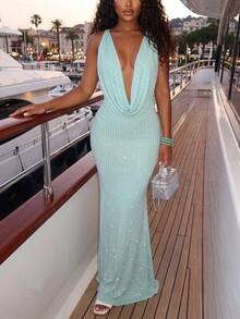 DOUCIU Women's Sexy Spaghetti Strap Sleeveless Backless Deep V-Neck Knit Fabric Slim Fit Maxi Dress - Blue - View 1