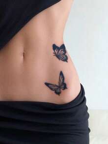 Herbal Juice Semi-Permanent Magic Tattoo Sticker, Ins Style Hollow Butterfly Pattern, Long-Lasting 14 Days, No Fading, Non-Reflective, Temporary Tattoo Sticker For Waist, Abdomen, Back, Legs And Body, 1pc/Pack - Blue - View 4