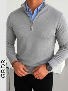 GRDR Men's Casual Long Sleeve Half Zip Knit Sweater, Versatile For Daily Wear - Light Grey - View 2