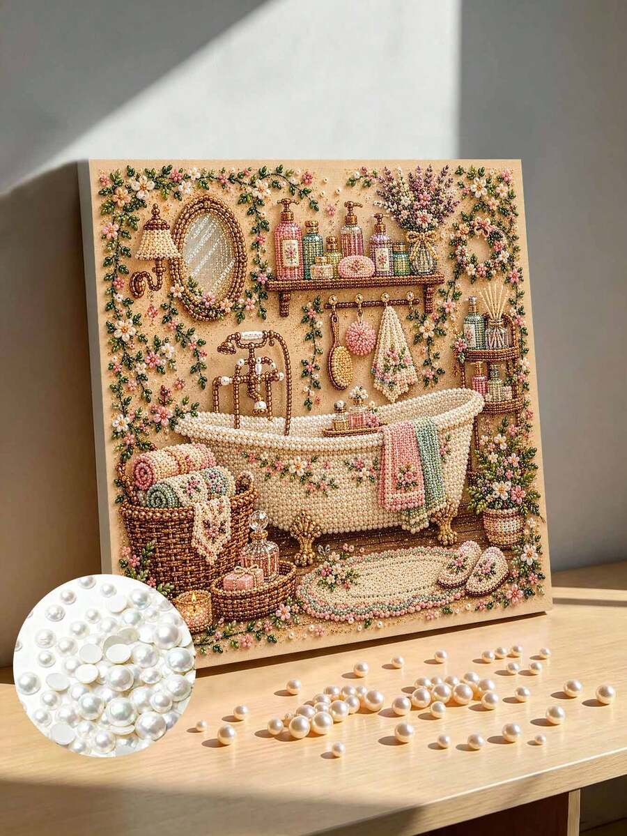 DIY Pearl Painting Kit With Frame, Vintage Bathroom Scene Gem Art Picture, Handmade Home Wall Decor - A - View 1