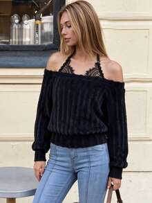 Dila Polly Women's Black Lace 2 In 1 Patchwork Casual Daily Cold Shoulder Long Sleeve Top - Black - View 7