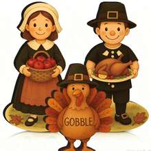 3pcs Thanksgiving Decor: Autumn Wooden Pilgrim Couple & Turkey Tabletop Figurines, Includes Thanksgiving - A - View 3