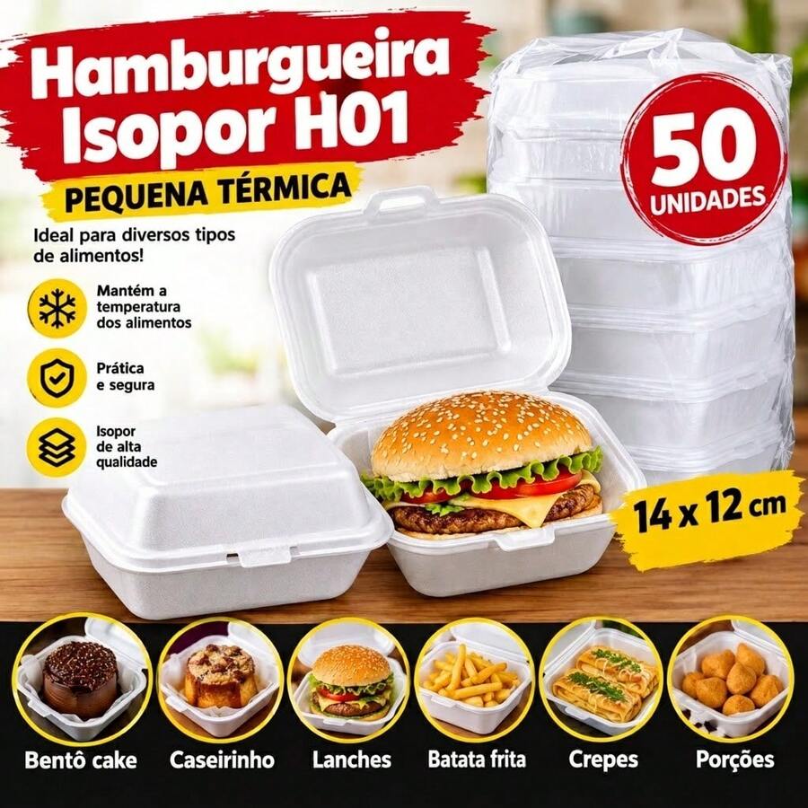 Hamburgueira Isopor H01 com 50 unidades 14x12cm pequena térmica bentô cake caseirinho lanches batata frita crepes porções - Visão 1