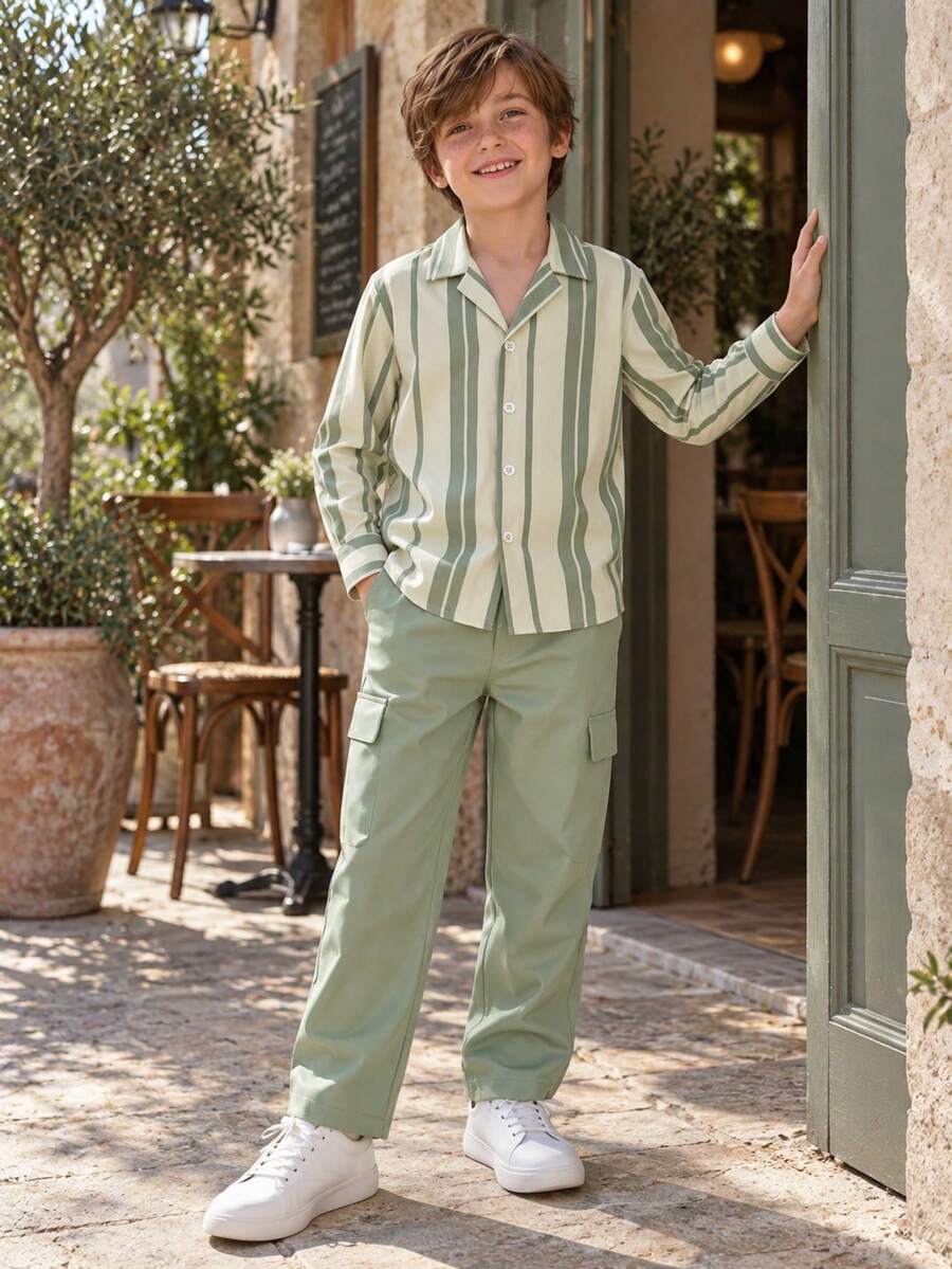 Boys' Spring/Autumn 2-Piece Set, Turn-Down Collar Vertical Striped Long Sleeve Shirt With Dual Side Pockets Straight Leg Cargo Pants, Versatile Casual Outfit For Outings And School - Green - View 1