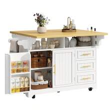 Multi-Function Kitchen Island/ Movable Dining Table Extension, Vertical-Groove Cabinets, Large Drawer Storage, Both-Sides Fold-Out Top, & Rolling Buffet Sideboard - White + MDF - View 8