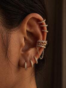 9pcs Golden Color Rhinestone Hoop Earrings And Chain Ear Cuff Set For Women Sparkling Pave Crystal Cuffs And Minimalist Layered Ear Stack Jewelry - Yellow Gold - View 1
