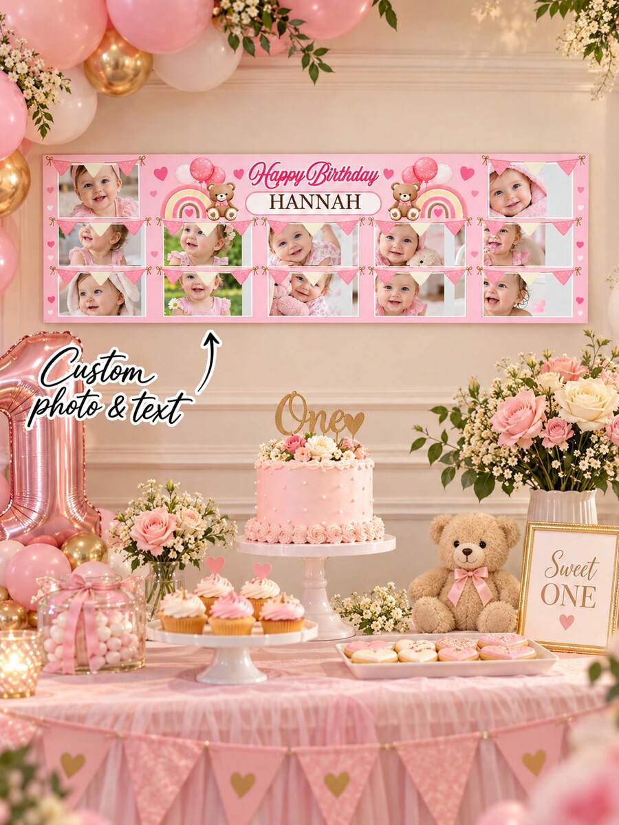 1pc Personalized First Birthday Photo Banner, Baby's 1st Year Monthly Milestone Birthday Banner, Baby Photo Collage, First Year Monthly Photos - Multicolor - View 1