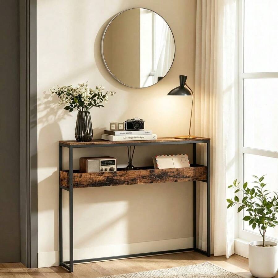 VASAGLE Narrow Entryway Table, 2-Tier Console Table With 2 Drawers, 24 X 100 X 80 Cm, Rustic Brown And Ink Black - Brown - View 1