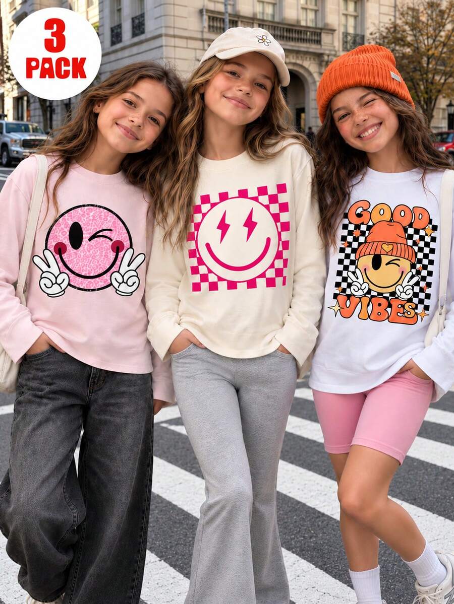 [Perlengkapan Kembali ke Sekolah] Set 3 Potong Kaos Lengan Panjang Bermotif untuk Anak Perempuan Remaja, Cocok untuk Atasan Musim Gugur/Dingin Anak Perempuan, Pakaian Anak Pelajar Muda, Cocok untuk Pakaian Luar dan Dalaman - MultiWarna - View 1