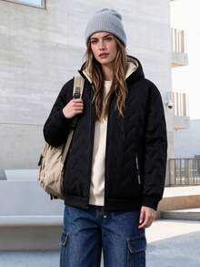 Women's Hooded Padded Jacket With Warm Lining, Embossed Outer Layer With Lock-Fleece Technology To Prevent Filling Leakage, Thick Lamb Fleece Lining For Heat Retention, Full Zip Front With Drawstring Hood, Ribbed Cuffs And Hem For Wind Protection And Warmth, Side Zipper Pockets For Secure Storage, Loose Drop Shoulder Fit Suitable For All Body Types, Versatile For Commuting And Autumn/Winter Outings, Easily Create A Casual Street Style - Black - View 2