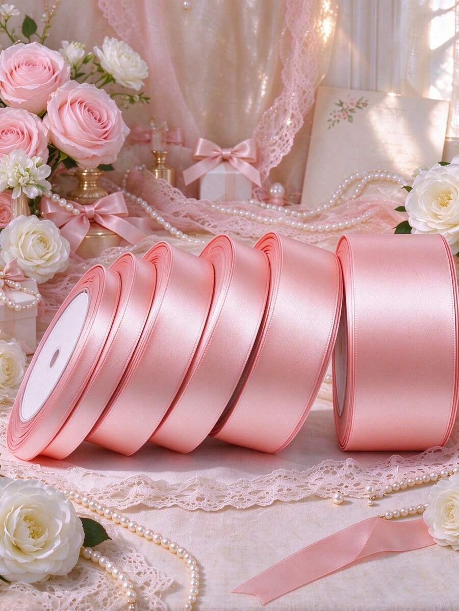 1 Roll 25 Yards Korean Pink Polyester Satin Ribbon For Gift Box, Candy Box, Cake Box, Flower Decoration, DIY Decorative Ribbon (Multiple Sizes) - Korean Style - View 1