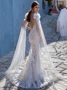 1 Pair 3D Floral Lace Embroidered Cathedral Style Tulle Bridal Shoulder Wrap, Detachable Flowing Shoulder Wrap, Suitable For Garden Wedding And Bridal Photography - White - View 6