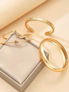 4pcs/Set Vintage Minimalist Gold Bracelets, Including Polished Bracelet, Asymmetrical Open Bracelet, Women's Stackable Bracelets, Suitable For Women's Daily Wear And Wedding Gift - Gold - View 4