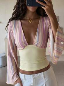 Women's Minimalist Sexy Sexy Deep V-Neck Flared Long Sleeve Top, Striped Patchwork Colorblock Fashion Outfit - Yellow - View 1