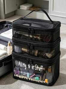 Single-Layer Or Three-Layer Cosmetic And Toiletry Bag, Featuring A Foldable, Transparent Mesh Design;Suitable For Bedroom, Vanity, Business Trip, Travel, Large Capacity Storage, Space-Saving Christmas Gift - Multicolor - View 9