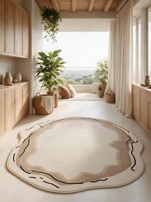 1PC Beige Abstract Line Border Pattern Living Room Rug, Modern Minimalist Wabi-Sabi Style Art Faux Cashmere Asymmetrical Wavy Shape Machine Washable Area Rug, Suitable For Daily Home/Housewarming/All Seasons Large Size Floor Mat, Aesthetic Home Decor - Multicolor - View 6