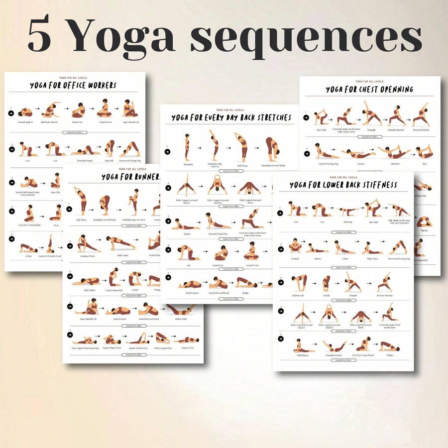5pcs Yoga Workout Poster Set 20.32x25.4cm, Daily Stretching Exercise Chart Wall Art Prints, Gentle Exercise Health & Wellness Decor - Multicolor - View 1