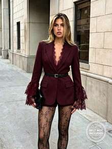 Women's Black Woven Fabric Blazer With Long Lace Sleeves And Button Details, Regular Fit For Fall Outfit - Burgundy - View 1