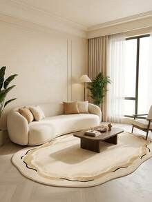1PC Beige Wavy Line Pattern Casual Area Rug, Modern Minimalist Cream Style Soft Healing Faux Cashmere Asymmetrical Wave Shape Machine Washable Area Rug, Suitable For Daily Home/Holiday Party/All Season Large Size Floor Mat, Aesthetic Home Decor - Multicolor - View 1
