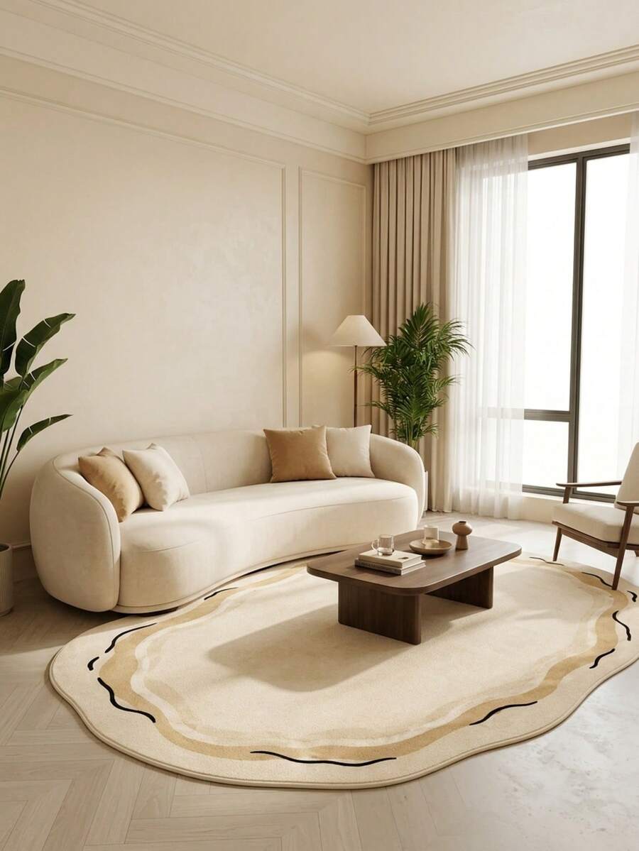 1PC Beige Wavy Line Pattern Casual Area Rug, Modern Minimalist Cream Style Soft Healing Faux Cashmere Asymmetrical Wave Shape Machine Washable Area Rug, Suitable For Daily Home/Holiday Party/All Season Large Size Floor Mat, Aesthetic Home Decor - Multicolor - View 1