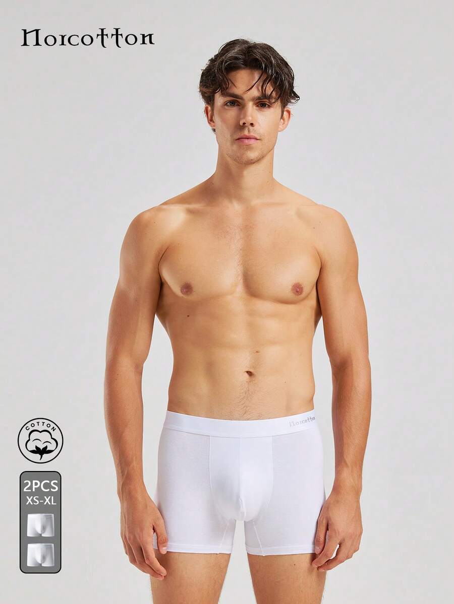 2pcs Norcotton Men's White Boxer Briefs, 100% Cotton - White - View 1