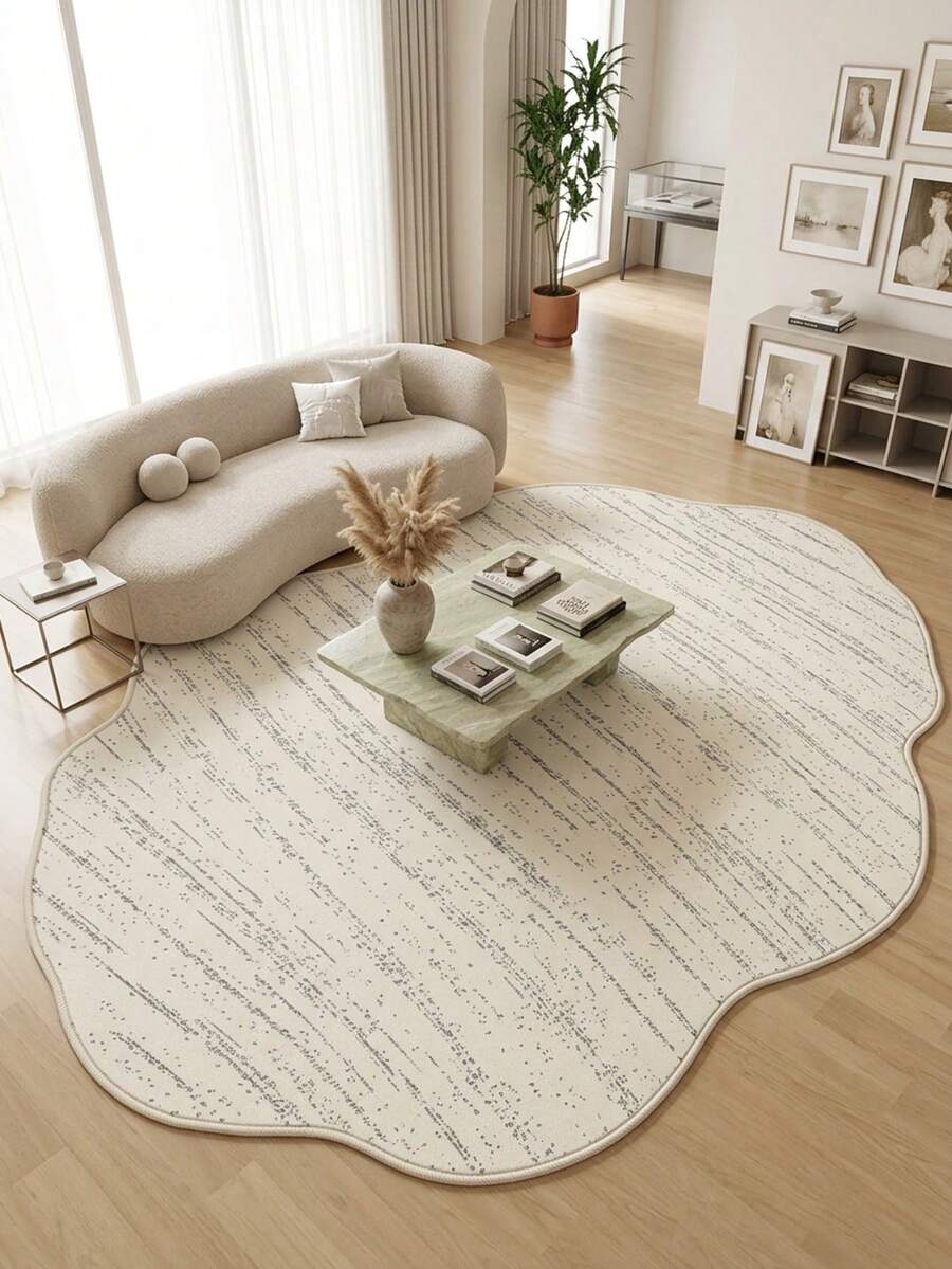1PC Beige Minimalist Vertical Stripe Pattern Entryway Rug, Nordic Minimalist Wabi-Sabi Style Elegant Faux Cashmere Asymmetrical Wavy Shape Machine Washable Area Rug, Suitable For Daily Home/Housewarming/All Seasons Large Size Floor Mat, Aesthetic Home Decor - Multicolor - View 1