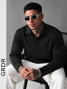 GRDR Men's Loose Drop Shoulder Airplane Collar Sweatshirt, Autumn/Winter - Black - View 2