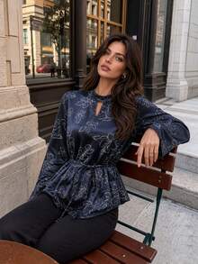 Women's Elegant Floral Print Top, Autumn - Royal Blue - View 4