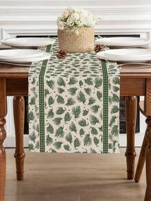 1Pc Christmas Table Runner Green Pine Needle Leaf Pattern With Striped Border Table Flag, Farmhouse Rustic Winter Table Decor For Dining Table, Kitchen, Holiday Party, Home Xmas Tabletop Decoration - Green - View 3