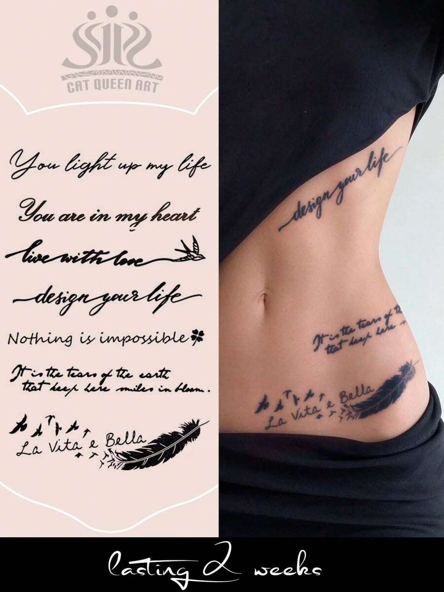 1pc Herbal Juice Semi-Permanent Magic Tattoo Sticker, Bird Feather & Floral English Letter Pattern, Long-Lasting 14 Days, No Fading, Non-Reflective, Temporary Tattoo Sticker For Arm, Waist, Abdomen, Leg And Body - Blue - View 1