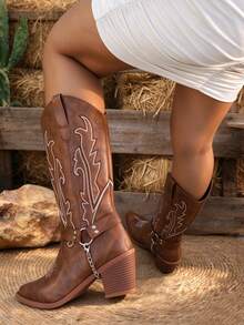 Brown Cowboy Boots Women Autumn New American Style Personalized Round Chain Decor Western Cowboy Boots All Season Fashion Vintage Embroidery Pointed Toe Chunky Heel Mid-Calf Riding Boots - Brown - View 3
