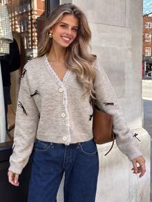 Women's Knitted Long Sleeve V-Neck Cardigan, Decorated With Black Contrast Bow, Regular Fit, Soft Touch, Suitable For Spring And Autumn Wear - Apricot - View 1