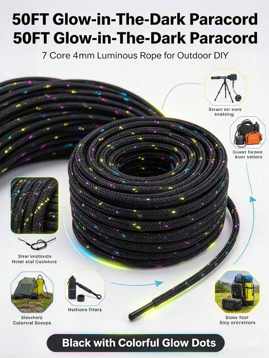 50FT Outdoor 7-Core 4mm Glowing Rope, Multi-Functional Hand-Woven Rope, Suitable For Tents, Outdoor Binding Equipment, Tent Guy Lines, DIY Woven Bracelets, Decoration, Etc. - Multicolor - View 1