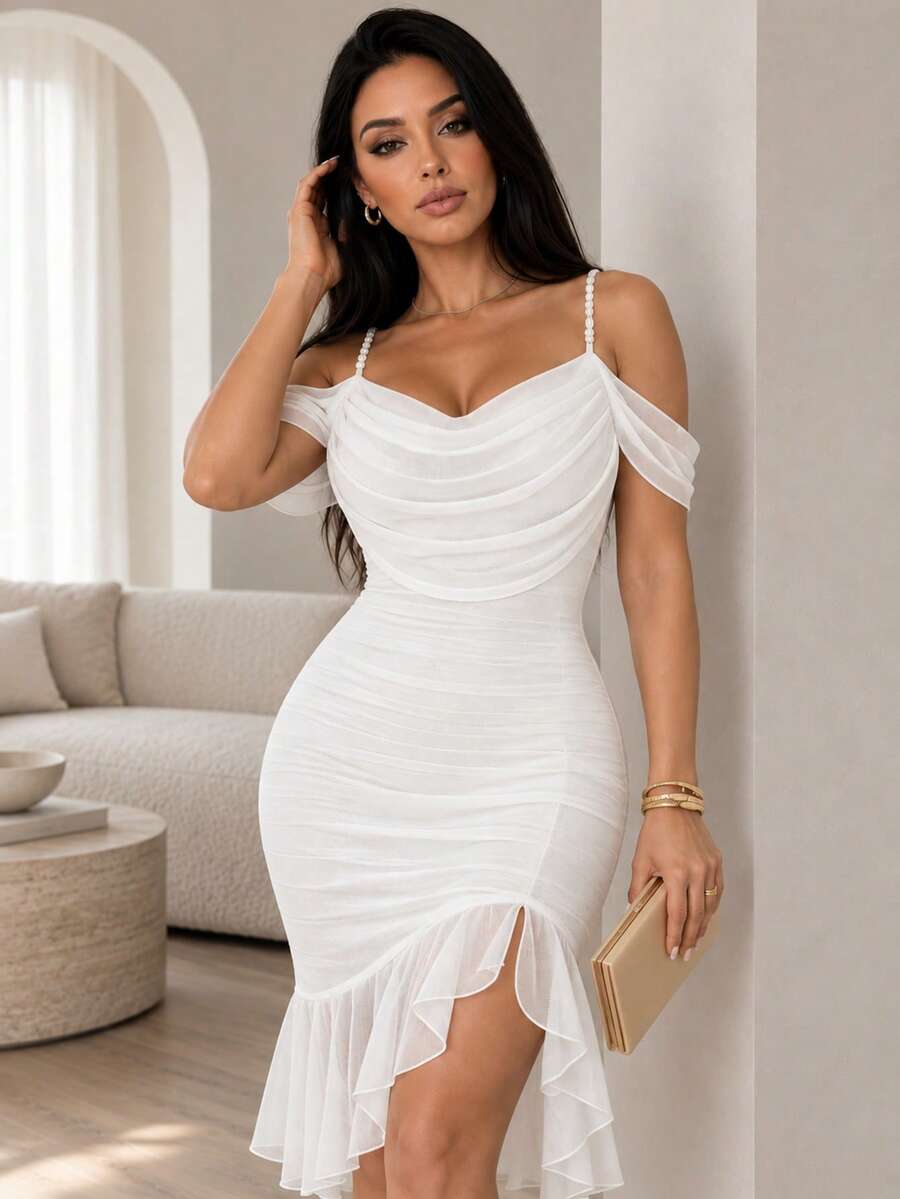 ChicMe Women Off Shoulder Mesh Dress Pearl Strap Ruched Dress Ruffle Hem Slit Evening Party Dress Sexy Wedding Guest - White - View 1