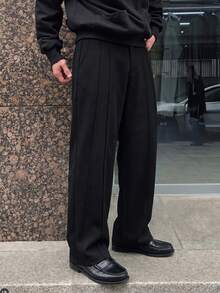 Men's Front Pleated Wide Leg Trousers, Black High Waist Draped Loose Floor-Length Fit, Structured Casual Dress Pants - Black - View 1
