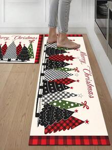 1/2pcs Christmas Kitchen Decor Rug, Colorful Christmas Tree Pattern Design Winter Kitchen Rug And Mat, Non-Slip Washable Absorbent Kitchen Accessories Decor Mat, Christmas Holiday Gift! - Multicolor - View 5