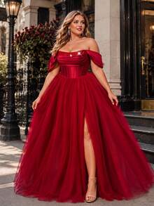VIPGIRL Gaun Malam Merah Elegan Ukuran Plus, Tanpa Bahu, Berhiaskan Payet, Tanpa Tali Bahu, Terbuat dari Kain Jala Berkerut, Gaun Malam Formal Panjang - Burgundy - View 1