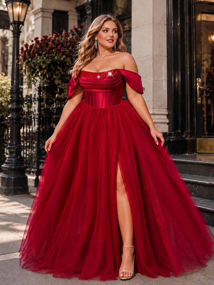 VIPGIRL Gaun Malam Merah Elegan Ukuran Plus, Tanpa Bahu, Berhiaskan Payet, Tanpa Tali Bahu, Terbuat dari Kain Jala Berkerut, Gaun Malam Formal Panjang - Burgundy - View 1