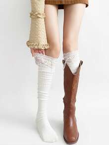 1/2 Pairs Women's Black & White Solid Color Lace Bow Ballet Style Ruched Over-The-Knee Socks - Multicolor - View 3
