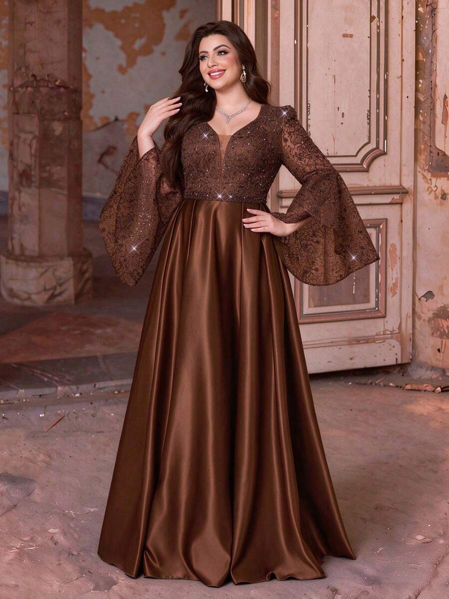 Summer/Autumn Elegant Plus Size V-Neck Beaded Embroidered Flare Sleeve Satin A-Line Maxi Dress, Suitable For Women Wedding Guest, Prom And Holiday Evening Party - Coffee Brown - View 1