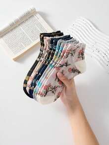 5 Pairs Women's Short Socks, Floral Pattern, French Country Style, Suitable For Spring, Summer, Autumn, Winter Daily Wear, Random Color - Multicolor - View 2