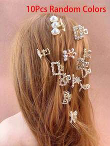 5/10Pcs Pearl Rhinestone Mini Hair Claw Clips Assorted Set, Luxury Metal Hair Claw For Side Bangs, Women's Hair Accessories - Multicolor - View 4