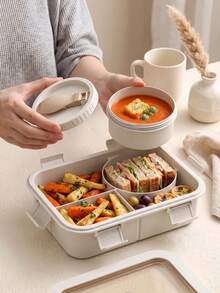 1pc Bento Box - Beige - With Utensils, Adult Lunch Box Microwave , 3 Compartment Food Storage Container, With Soup Cup, Insulated Lunch Bag, Leak-Proof Lunch Bento Box - Multicolor - View 3